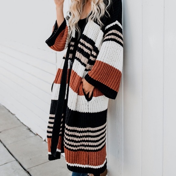 SOLD OUT Boho Striped Long Cardigan Knit Duster Sweater - Picture 5 of 14